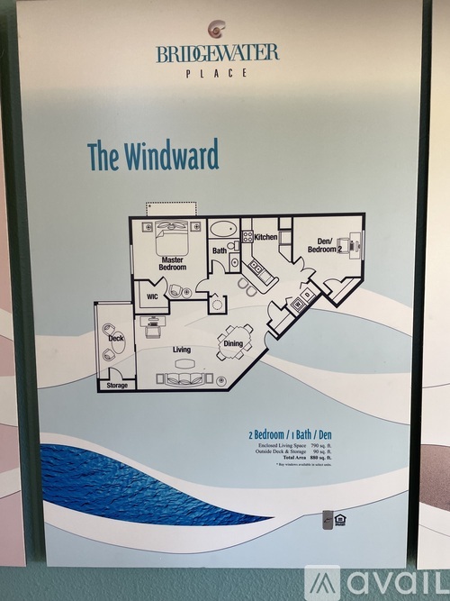 A sign for Bridgewater Place shows the layout of a two bedroom apartment.