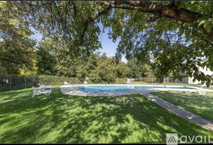A backyard with a pool and lawn.