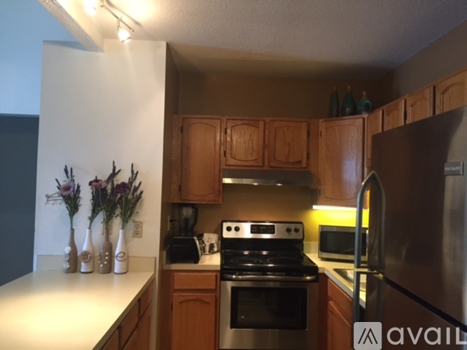 A kitchen with wooden cabinets and a stove top oven.
