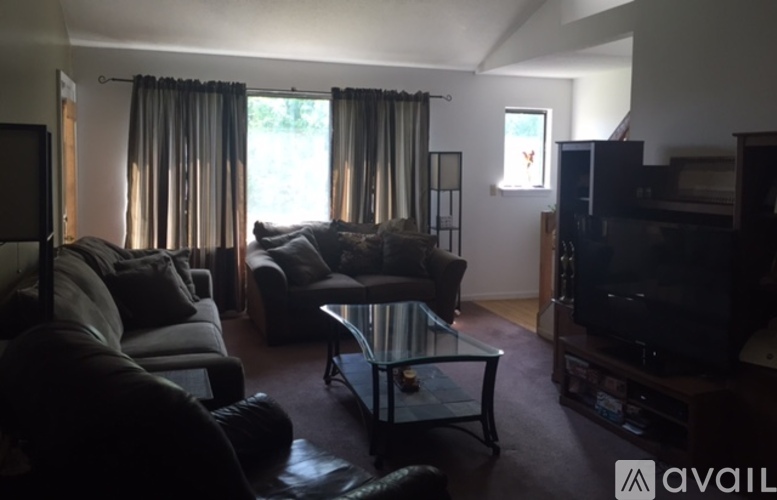 A living room with a couch, chair, and television.