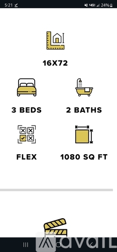 A mobile screen displays a property listing with a floor plan, including a bed, bath, and flex space.