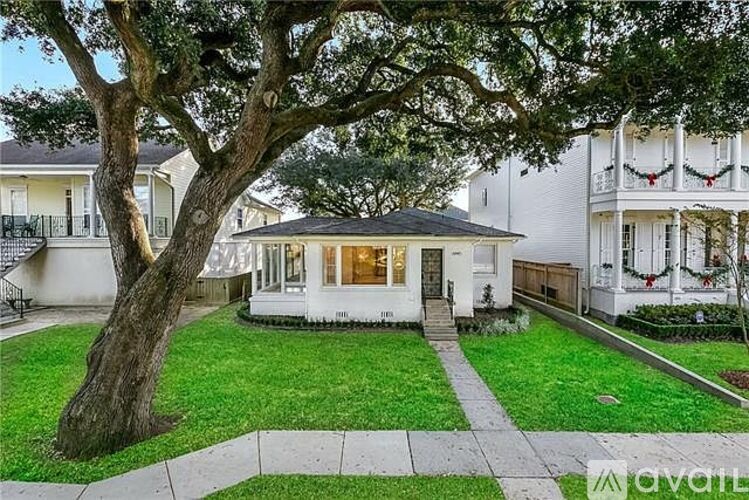 A tree in front of a house with a white fence.