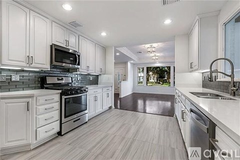 A modern kitchen with white cabinets and stainless steel appliances.