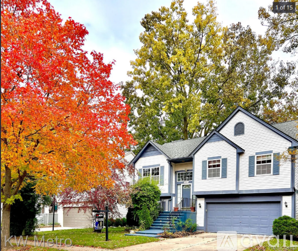 A house with a red tree in front of it.