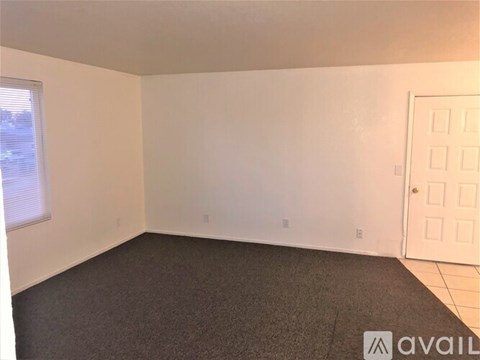 A room with a carpeted floor, a door, and a window.