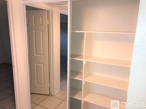 A white door is open to a white pantry.