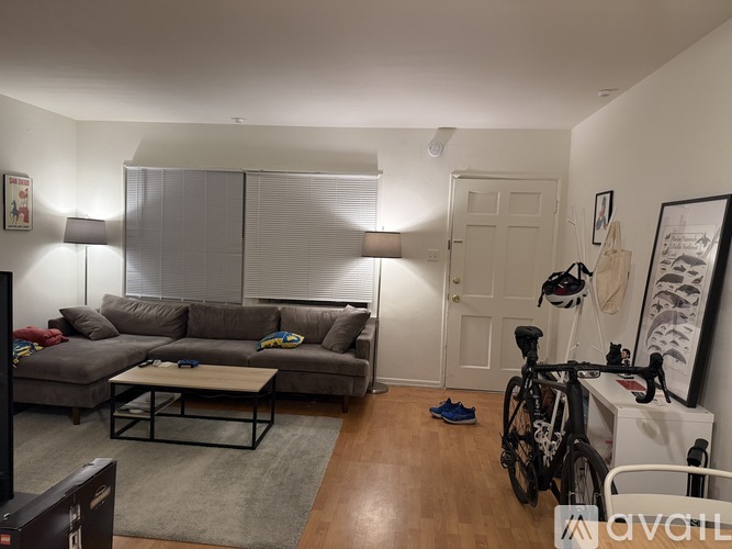 A living room with a grey couch and a bicycle leaning against the wall.
