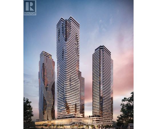 Three tall buildings with a glass facade are shown in the image.