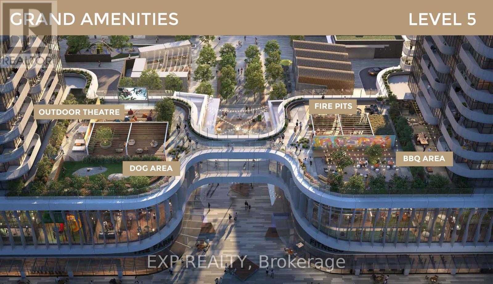 A rendering of the grand amenities at the top of a building, including an outdoor theatre, fire pits, a dog area, and a BBQ area.