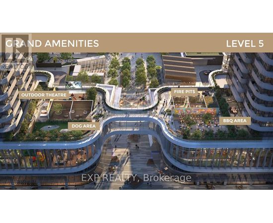 A rendering of the grand amenities at the top of a building, including an outdoor theatre, fire pits, a dog area, and a BBQ area.