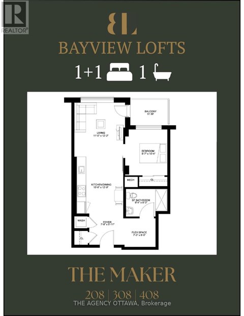 A real estate listing for Bayview Lofts shows a floor plan for a loft with a living room, dining room, kitchen, and two bathrooms.