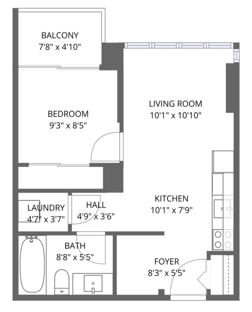 A floor plan of a small apartment with a laundry room and a bathroom.