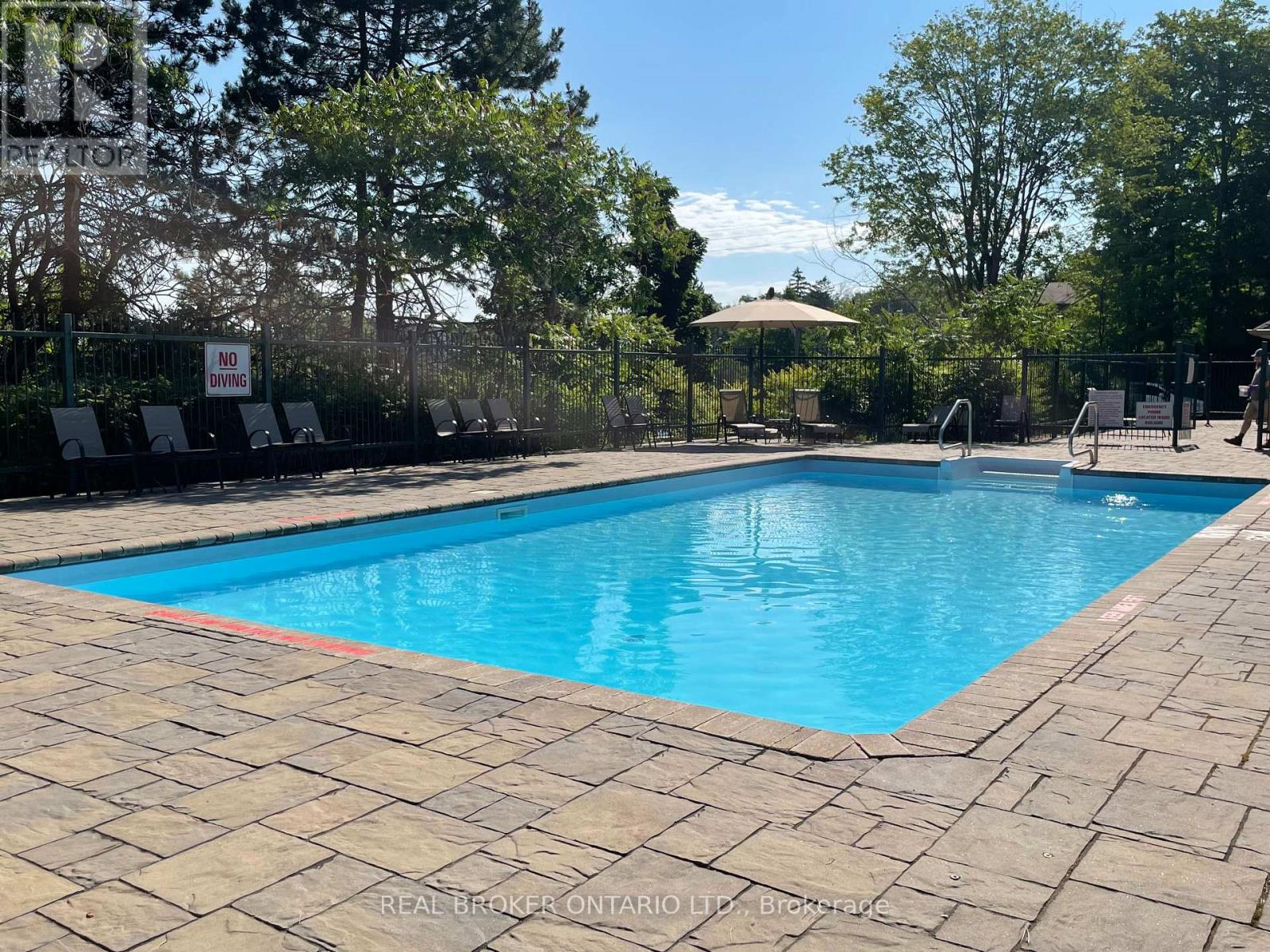 A pool surrounded by trees and a sign that says "No Swimming".