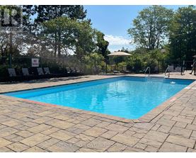 A pool surrounded by trees and a sign that says "No Swimming".