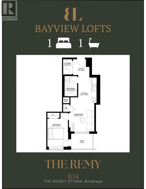 A floor plan for Bayview Lofts shows a single bedroom with a living room and kitchen area.