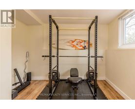 A home gym with a squat rack, bench, and weights.