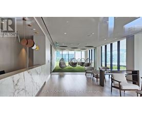 A modern office space with a view of the outdoors.