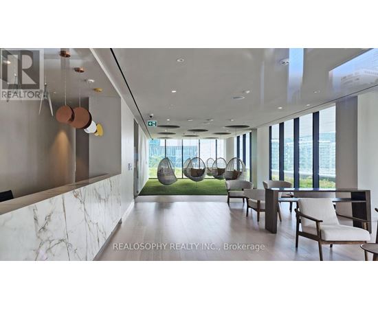 A modern office space with a view of the outdoors.