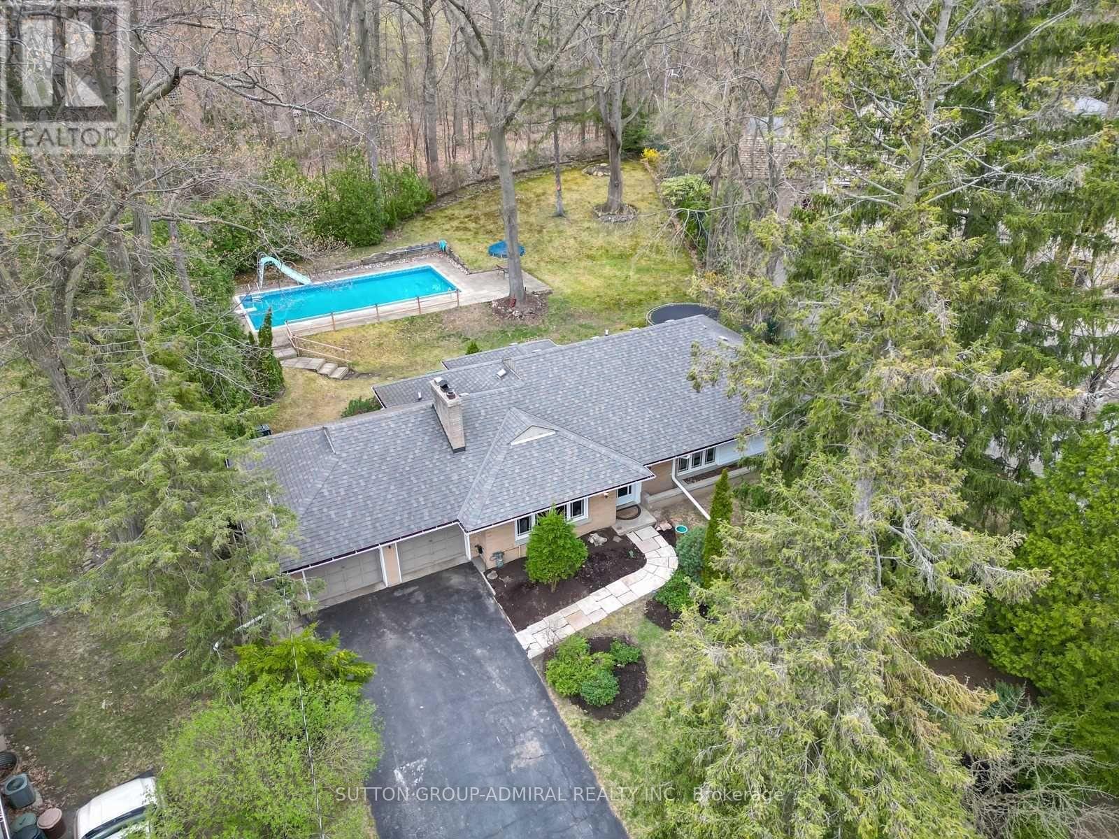 A house with a pool in the backyard surrounded by trees.