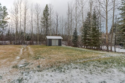 A small building sits in a field with trees in the background.
