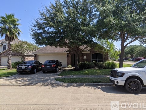 Two cars are parked in front of a house with a tree and a palm tree in the background.