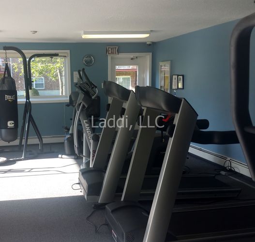 A gym with treadmills and a punching bag.
