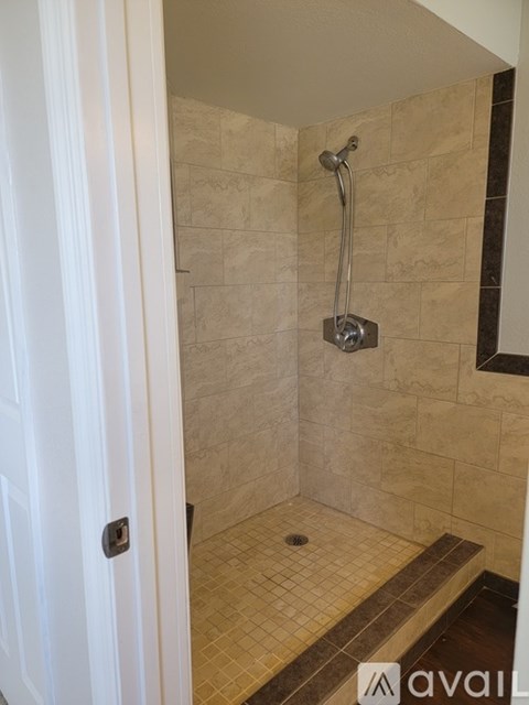 A bathroom with a tiled shower and a white door.