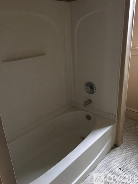 A white bathtub with a shower head and faucet.