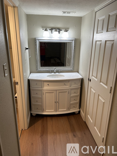 A bathroom with a vanity and a mirror.