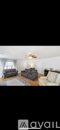 A living room with a grey couch and a white cushion on the right side.