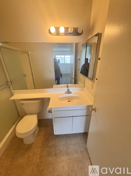 A bathroom with a toilet, sink, and mirror.