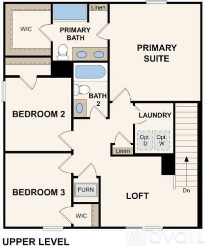 A floor plan of an apartment with a primary suite and three bedrooms.