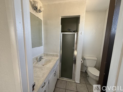 A bathroom with a toilet, sink, and shower.