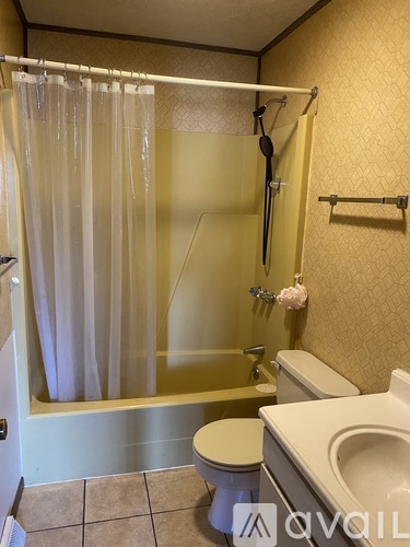 A bathroom with a toilet, sink, and bathtub with a shower curtain.