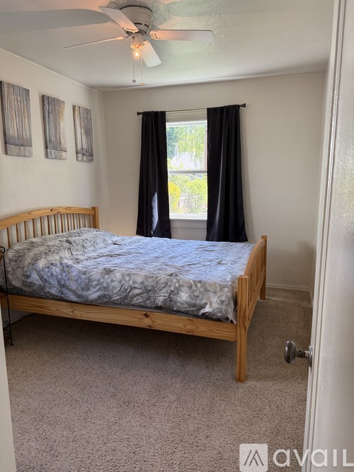 A bedroom with a bed, carpet, and a ceiling fan.