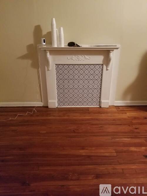 A white fireplace with a black cat sitting on top of it.