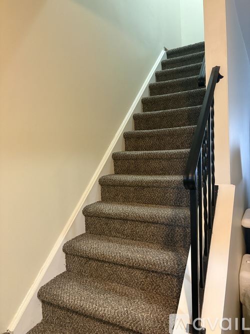 A staircase with a carpeted runner and black balusters.