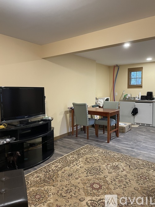 A living room with a television, a chair, and a rug.