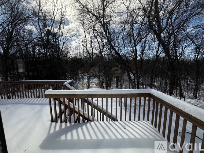 A deck with snow on it and trees in the background.