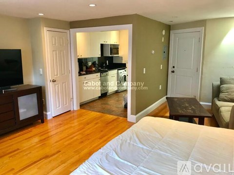 A living room with a white couch and a television.