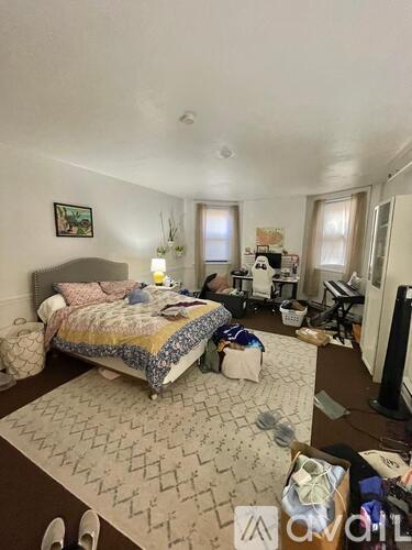 A bedroom with a bed, a rug, a desk, and a chair.