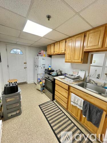 A kitchen with wooden cabinets and a striped rug on the floor.