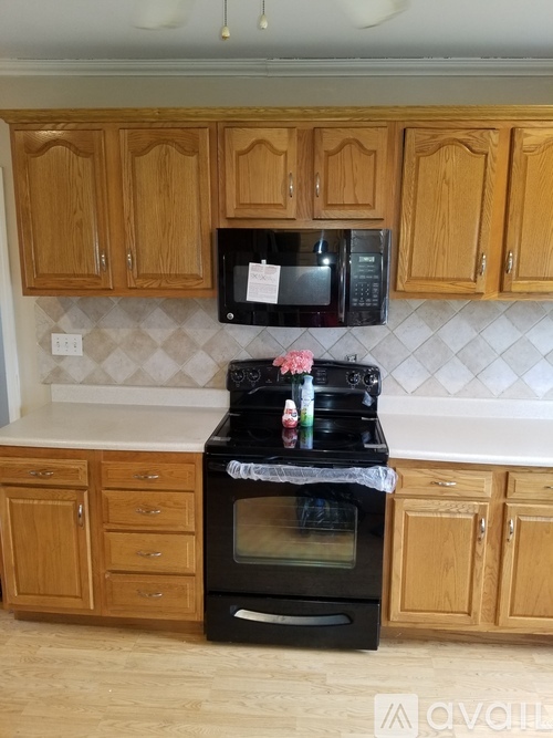 A black stove top oven with a pot on it in a kitchen.