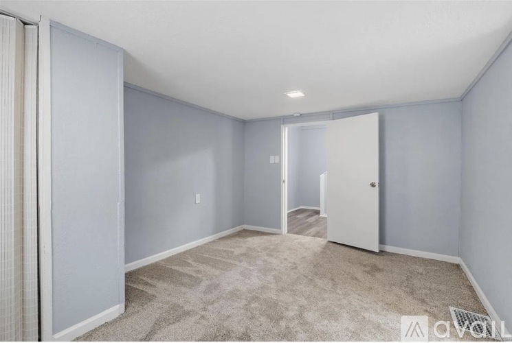 A room with a carpeted floor and a sliding door.