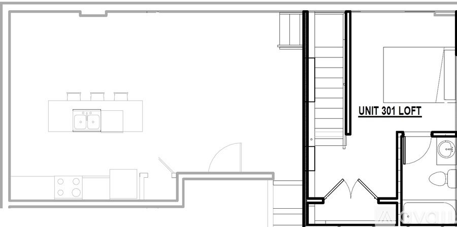 A floor plan of Unit 301 loft shows a bedroom with a staircase on the right side.