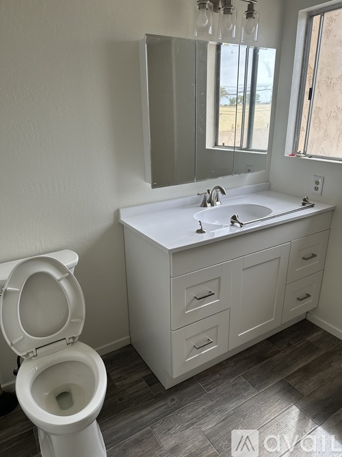 A white toilet sits in a bathroom with a sink and mirror.