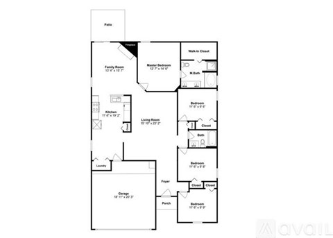 A floor plan of a house with a garage, kitchen, and family room.
