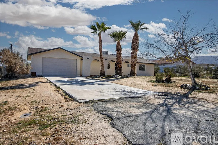 A house with a driveway and palm trees in front.