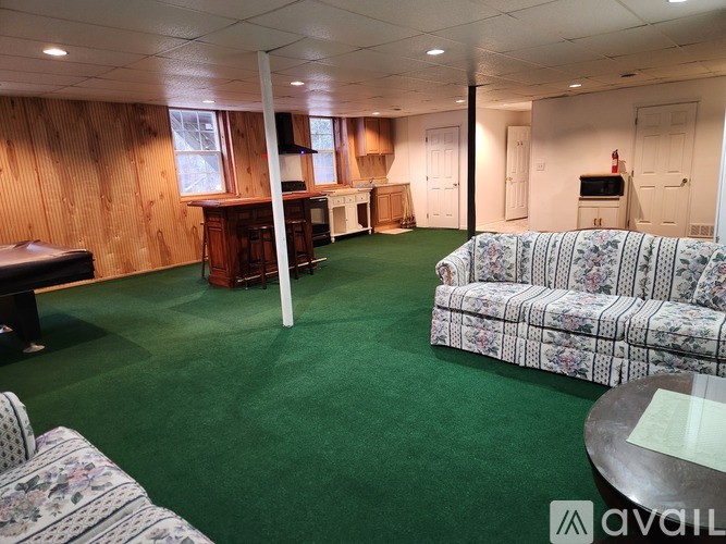 A room with a green carpet and a couch with a floral pattern.