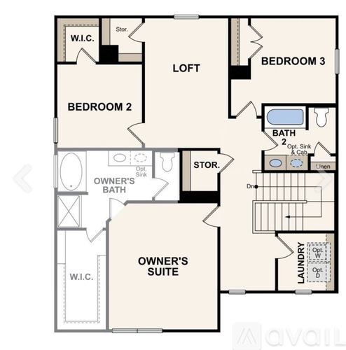 A floor plan of an apartment with three bedrooms, a laundry room, and a garage.